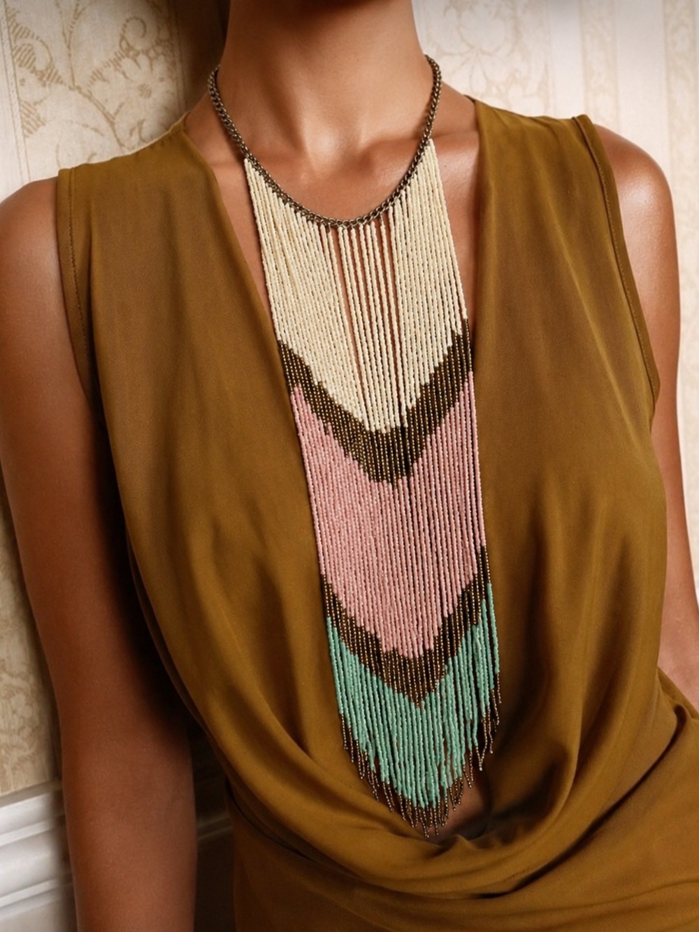 Bohemian Multi-Strand Fringe Necklace - Cream, Pink & Mint